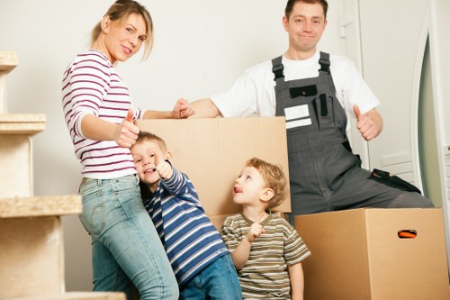 Packed office furniture and equipment ready for a business move